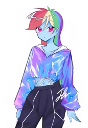 Size: 535x776 | Tagged: safe, artist:rainbom__1122, derpibooru import, rainbow dash, human, equestria girls, clothes, midriff, simple background, standing, white background