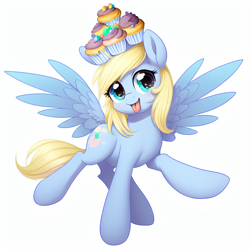 Size: 768x768 | Tagged: safe, derpibooru import, machine learning generated, derpy hooves, ditzy doo, pegasus, pony, :p, cute, derpabetes, female, food, looking at you, mare, muffin, simple background, solo, tongue, tongue out, white background, wrong eye color