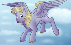 Size: 1693x1080 | Tagged: safe, artist:violetpony11, derpibooru import, derpy hooves, pegasus, pony, female, flying, solo, tongue, tongue out