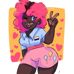 Size: 1080x1080 | Tagged: safe, artist:dmitrymemovznok, derpibooru import, pinkie pie, human, equestria girls, clothes, dark skin, heart, nonbinary pride flag, one eye closed, peace sign, pride, pride flag, smiling, solo, tongue, tongue out, wink