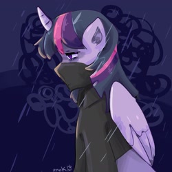 Size: 2048x2048 | Tagged: safe, artist:dmitrymemovznok, derpibooru import, twilight sparkle, twilight sparkle (alicorn), alicorn, pony, clothes, rain, solo