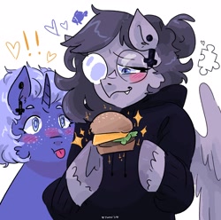 Size: 2048x2033 | Tagged: safe, artist:dmitrymemovznok, derpibooru import, oc, oc:can opener, oc:vylet, pegasus, pony, unicorn, :p, blushing, burger, clothes, food, glasses, heart, tongue, tongue out, vylet pony