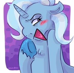 Size: 2048x2033 | Tagged: safe, artist:dmitrymemovznok, derpibooru import, trixie, pony, unicorn, blushing, smiling, solo