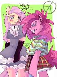 Size: 1519x2048 | Tagged: safe, artist:dmitrymemovznok, derpibooru import, fluttershy, pinkie pie, anthro, blushing, clothes, piercing, smiling, text