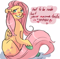 Size: 2048x2033 | Tagged: safe, artist:dmitrymemovznok, derpibooru import, fluttershy, pegasus, pony, blushing, smiling, solo, text