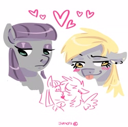 Size: 2048x2033 | Tagged: safe, artist:dmitrymemovznok, derpibooru import, derpy hooves, maud pie, earth pony, pegasus, pony, blushing, female, heart, kissing, lesbian, simple background, white background