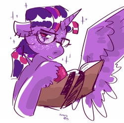 Size: 2048x2033 | Tagged: safe, artist:dmitrymemovznok, derpibooru import, twilight sparkle, twilight sparkle (alicorn), alicorn, pony, book, glasses, simple background, solo, white background