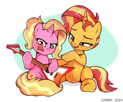 Size: 2545x2106 | Tagged: safe, artist:lummh, derpibooru import, luster dawn, sunset shimmer, pony, unicorn, duo, female, guitar, mare, musical instrument