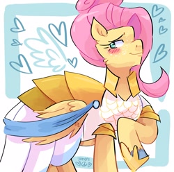 Size: 2048x2033 | Tagged: safe, artist:dmitrymemovznok, derpibooru import, fluttershy, pegasus, pony, clothes, heart, smiling, smirk, solo