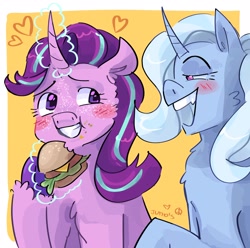 Size: 2048x2033 | Tagged: safe, artist:dmitrymemovznok, derpibooru import, starlight glimmer, trixie, pony, unicorn, blushing, burger, female, food, heart, lesbian, magic, shipping, startrix