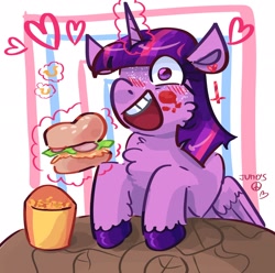 Size: 2048x2033 | Tagged: safe, artist:dmitrymemovznok, derpibooru import, twilight sparkle, twilight sparkle (alicorn), alicorn, pony, burger, food, heart, magic, smiling, solo, twilight burgkle