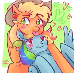 Size: 2048x2033 | Tagged: safe, artist:dmitrymemovznok, derpibooru import, applejack, rainbow dash, earth pony, pegasus, pony, :p, appledash, blushing, female, heart, lesbian, lying down, shipping, smiling, tongue, tongue out