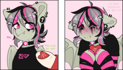 Size: 3500x2000 | Tagged: safe, artist:etoz, derpibooru import, oc, oc only, oc:etoz, oc:gravel shine, bat pony, pony, bat pony oc, blushing, choker, clothes, collar, crying, ear piercing, earring, emo, eyebrow piercing, eyebrows, eyebrows visible through hair, eyes closed, fangs, female, happy holidays, holiday, jewelry, lip piercing, makeup, male, offscreen character, offscreen female, piercing, running makeup, shy, snake bites, stallion, text, tsundere, valentine, valentine's day, wings