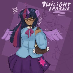 Size: 2048x2048 | Tagged: safe, artist:stanleyiffer, derpibooru import, twilight sparkle, twilight sparkle (alicorn), alicorn, human, glasses, horn, horned humanization, humanized, satchel, solo, spread wings, winged humanization, wings