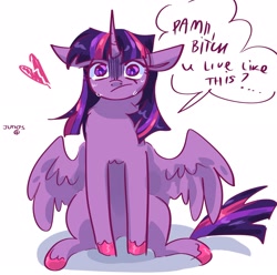 Size: 2048x2033 | Tagged: safe, artist:dmitrymemovznok, derpibooru import, twilight sparkle, twilight sparkle (alicorn), alicorn, pony, frown, simple background, sitting, solo, text, vulgar, white background