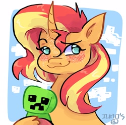 Size: 2048x2033 | Tagged: safe, artist:dmitrymemovznok, derpibooru import, sunset shimmer, pony, unicorn, :3, blushing, creeper, minecraft, plushie, smiling, solo