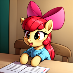 Size: 2560x2560 | Tagged: safe, derpibooru import, generator:stable diffusion, machine learning generated, apple bloom, earth pony, pony, adorabloom, blushing, chair, clothes, cute, female, filly, foal, magazine, open mouth, shirt, sitting, solo, t-shirt, table