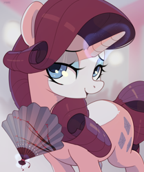 Size: 2028x2423 | Tagged: safe, artist:nookprint, derpibooru import, rarity, pony, unicorn, fan, female, glowing, glowing horn, hand fan, horn, lidded eyes, looking at you, magic, magic aura, mare, signature, solo, telekinesis