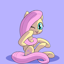 Size: 1200x1200 | Tagged: safe, artist:fakkajohan, derpibooru import, fluttershy, pegasus, pony, :p, female, hair over one eye, looking at you, one eye closed, simple background, sitting, solo, tongue, tongue out