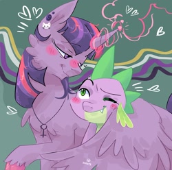 Size: 2048x2033 | Tagged: safe, artist:dmitrymemovznok, derpibooru import, spike, twilight sparkle, twilight sparkle (alicorn), alicorn, dragon, pony, blushing, heart, hug, magic, smiling, winghug, wings