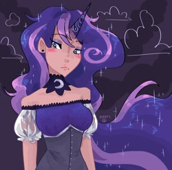 Size: 2048x2033 | Tagged: safe, artist:dmitrymemovznok, derpibooru import, princess luna, human, breasts, clothes, horn, humanized, solo, tan skin