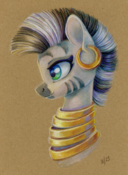 Size: 897x1228 | Tagged: safe, artist:maytee, derpibooru import, zecora, pony, zebra, bust, colored pencil drawing, ear piercing, earring, female, jewelry, looking forward, looking to side, looking to the left, mare, neck rings, piercing, portrait, profile, side view, simple background, smiling, solo, traditional art