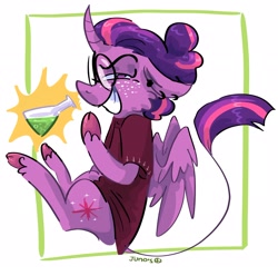 Size: 2048x2033 | Tagged: safe, artist:dmitrymemovznok, derpibooru import, twilight sparkle, twilight sparkle (alicorn), alicorn, classical unicorn, pony, unicorn, cloven hooves, flask, freckles, glasses, leonine tail, potion, smiling, solo, tail, unshorn fetlocks