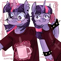 Size: 2048x2033 | Tagged: safe, artist:dmitrymemovznok, derpibooru import, twilight sparkle, anthro, unicorn, clothes, ear piercing, fluffy, glasses, heart, horn, magic, piercing, solo