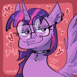 Size: 2048x2033 | Tagged: safe, artist:dmitrymemovznok, derpibooru import, twilight sparkle, twilight sparkle (alicorn), alicorn, pony, choker, ear piercing, glasses, heart, piercing, smiling, smirk, solo, text