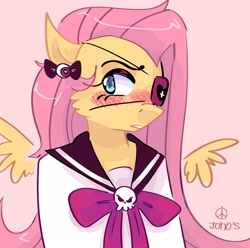 Size: 2048x2033 | Tagged: safe, artist:dmitrymemovznok, derpibooru import, fluttershy, anthro, pegasus, blushing, clothes, eyepatch, simple background, solo