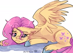 Size: 2048x1493 | Tagged: safe, artist:dmitrymemovznok, derpibooru import, fluttershy, pegasus, pony, lying down, sad, simple background, solo, spread wings, unshorn fetlocks, white background, wings