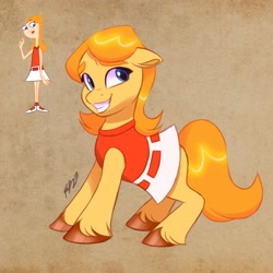 Size: 3508x3508 | Tagged: safe, artist:artharuhi, derpibooru import, earth pony, human, pony, candace flynn, clothes, crossover, ears, floppy ears, grin, phineas and ferb, ponified, shirt, skirt, smiling, solo, unshorn fetlocks