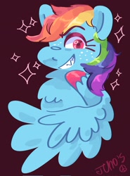 Size: 1519x2048 | Tagged: safe, artist:dmitrymemovznok, derpibooru import, rainbow dash, pegasus, pony, chest fluff, smiling, smirk, teeth