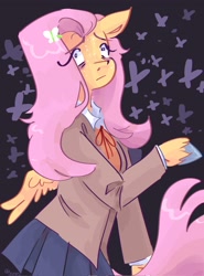 Size: 1519x2048 | Tagged: safe, artist:dmitrymemovznok, derpibooru import, fluttershy, anthro, pegasus, pony, clothes, doki doki literature club, yurishy