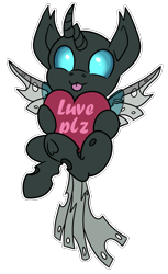 Size: 1125x1836 | Tagged: safe, artist:rokosmith26, derpibooru import, oc, oc only, oc:tarsi, changeling, :p, big eyes, blue eyes, changeling horn, changeling oc, changeling wings, chibi, commission, cute, front view, heart, hearts and hooves day, holding, holiday, horn, insect wings, looking at you, male, simple background, smiling, smiling at you, solo, spread wings, stallion, tongue, tongue out, transparent background, underhoof, valentine's day, wings, ych result, your character here