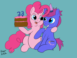 Size: 1600x1200 | Tagged: safe, artist:bigboydover, derpibooru import, pinkie pie, oc, oc:bristle star, earth pony, pony, 23, birthday cake, cake, earth pony oc, food, hat, party hat