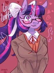 Size: 1519x2048 | Tagged: safe, artist:dmitrymemovznok, derpibooru import, twilight sparkle, anthro, unicorn, blushing, doki doki literature club, glasses, heart, text, twilight monika