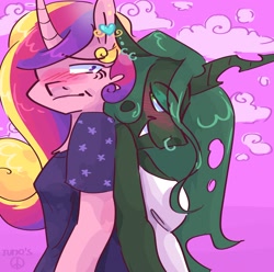 Size: 2048x2033 | Tagged: safe, artist:dmitrymemovznok, derpibooru import, princess cadance, queen chrysalis, alicorn, anthro, changeling, blushing, cadalis, clothes, fangs, female, infidelity, lesbian, piercing, shipping, smiling