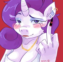 Size: 1024x1016 | Tagged: safe, artist:dmitrymemovznok, derpibooru import, rarity, anthro, unicorn, blushing, bust, fingernails, heartbreak, looking at you, middle finger, piercing, vulgar