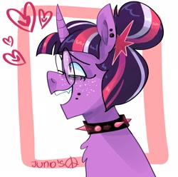 Size: 2048x2033 | Tagged: safe, artist:dmitrymemovznok, derpibooru import, twilight sparkle, pony, unicorn, chest fluff, collar, heart, piercing, smiling, spiked collar