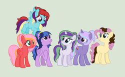 Size: 1024x630 | Tagged: safe, artist:lunaapple, artist:shiibases, derpibooru import, oc, oc only, oc:apple rose, oc:asra, oc:cheesecake pie, oc:galaxy, oc:genessa sparkle, oc:rainbow breeze, dracony, earth pony, hybrid, pegasus, pony, unicorn, earth pony oc, female, green background, horn, interspecies offspring, magical lesbian spawn, mare, next generation, offspring, parent:big macintosh, parent:cheese sandwich, parent:flash sentry, parent:fluttershy, parent:pinkie pie, parent:rainbow dash, parent:rarity, parent:spike, parent:starlight glimmer, parent:trixie, parent:twilight sparkle, parent:zephyr breeze, parents:cheesepie, parents:flashlight, parents:fluttermac, parents:sparity, parents:startrix, parents:zephdash, pegasus oc, simple background, unicorn oc