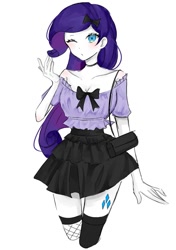 Size: 589x838 | Tagged: safe, artist:rainbom__1122, derpibooru import, rarity, equestria girls, blouse, bow, choker, clothes, fishnet stockings, looking at you, one eye closed, simple background, skirt, solo, stockings, thigh highs, white background, wink, winking at you