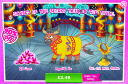 Size: 1954x1293 | Tagged: safe, derpibooru import, steven magnet, bull, cow, advertisement, bush, clothes, cloven hooves, costs real money, english, gameloft, gem, horn, lunar new year, mobile game, my little pony: magic princess, numbers, official, ox, sale, solo, solo focus, text, unnamed character, unnamed cow