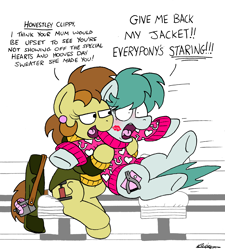 Size: 2360x2628 | Tagged: safe, artist:bobthedalek, derpibooru import, oc, oc only, oc:bubble pump, oc:clippy ticket, earth pony, pegasus, pony, comic:trottingham transport, blushing, chair, clothes, embarrassed, female, hearts and hooves day, hug, jacket, kiss mark, lipstick, male, mare, smug, stallion, sweater