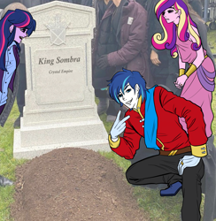 Size: 2057x2111 | Tagged: safe, artist:daazzlin, derpibooru import, edit, king sombra, princess cadance, shining armor, twilight sparkle, human, equestria girls, grave, irl, meme, peace sign, photo, ponified, ponified meme