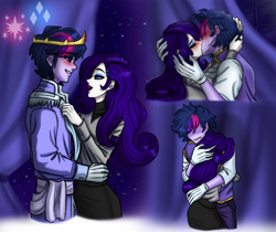 Size: 3336x2807 | Tagged: safe, artist:daazzlin, derpibooru import, dusk shine, rarity, twilight sparkle, equestria girls, crown, duo, female, half r63 shipping, jewelry, kissing, male, regalia, rule 63, shipping, straight