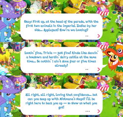 Size: 2048x1946 | Tagged: safe, derpibooru import, apple munchies, applejack, royal riff, spike, starlight glimmer, trixie, windstorm, dragon, earth pony, pony, unicorn, apple family member, brooch, cape, celena, clothes, costume, dialogue, dialogue box, english, event, female, gameloft, hat, implied mistmane, jewelry, lunar new year, mare, my little pony: magic princess, official, speech bubble, text, trixie's cape, trixie's hat, winged spike, wings