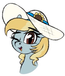 Size: 360x420 | Tagged: safe, artist:seafooddinner, derpibooru import, oc, oc only, oc:fair flyer, pegasus, pony, bust, eyebrows, eyebrows visible through hair, female, hat, mare, one eye closed, open mouth, simple background, solo, sun hat, white background