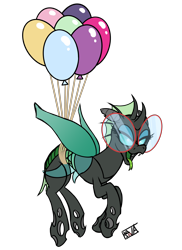 Size: 4000x5500 | Tagged: safe, artist:evan555alpha, oc, oc only, oc:yvette (evan555alpha), changeling, evan's daily buggo ii, balloon, changeling oc, colored sketch, cute, dangling, dorsal fin, droopy, elytra, fangs, female, floating, flying, forked tongue, glasses, lidded eyes, long tongue, looking down, ocbetes, open mouth, raised hoof, raised leg, round glasses, scrunchy face, signature, simple background, sketch, smug, solo, spread wings, then watch her balloons lift her up to the sky, tongue, tongue out, transparent background