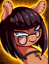 Size: 1461x1926 | Tagged: safe, artist:2fat2fly, derpibooru import, oc, oc only, oc:cleo, earth pony, pony, ankh, beauty mark, blushing, bob cut, bust, choker, ear piercing, eyebrows visible through hair, female, glasses, lipstick, looking at you, mare, piercing, portrait, smiling, smiling at you, solo